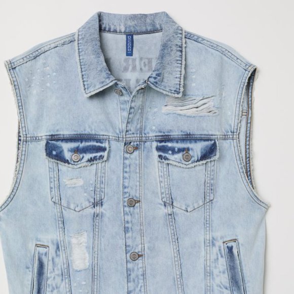 NWT H&M Denim Vest with Printed Design Distressed Denim Vest M - Picture 3 of 8
